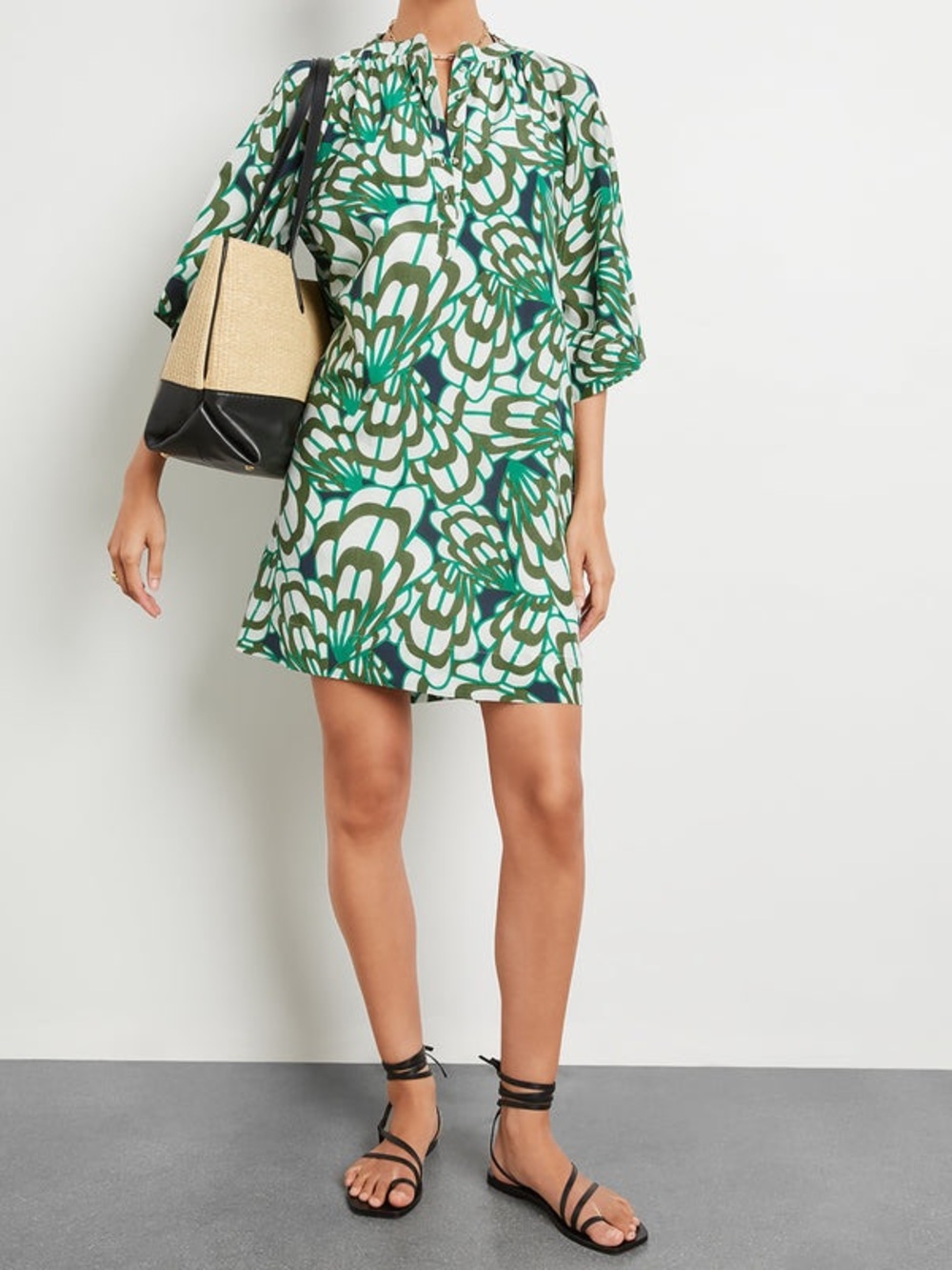 Mirth Faro Dress Medium Moss Shell Green Floral Cotton Silk Hand Block Print